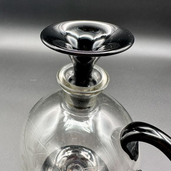 Lyngby Glass Decanter Art Deco Danish Etched Grapes Black Foot and Stopper c 40s - Picture 9 of 13